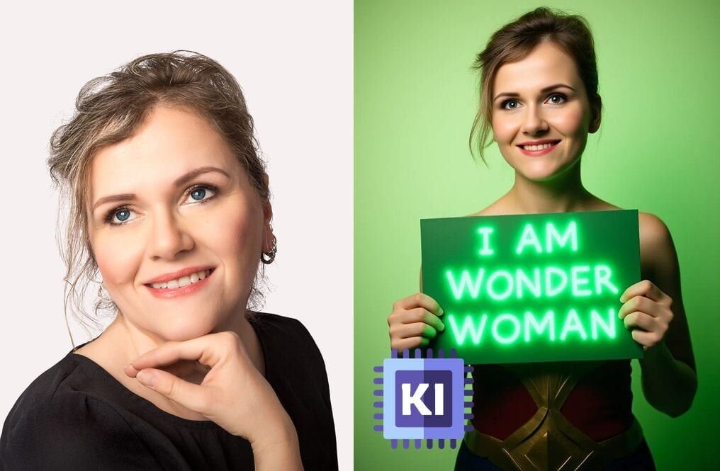 Zwei Beispiele nebeneinander: links ein schlichtes Porträt, rechts eine als Superheldin inszenierte Aufnahme mit leuchtendem Schild