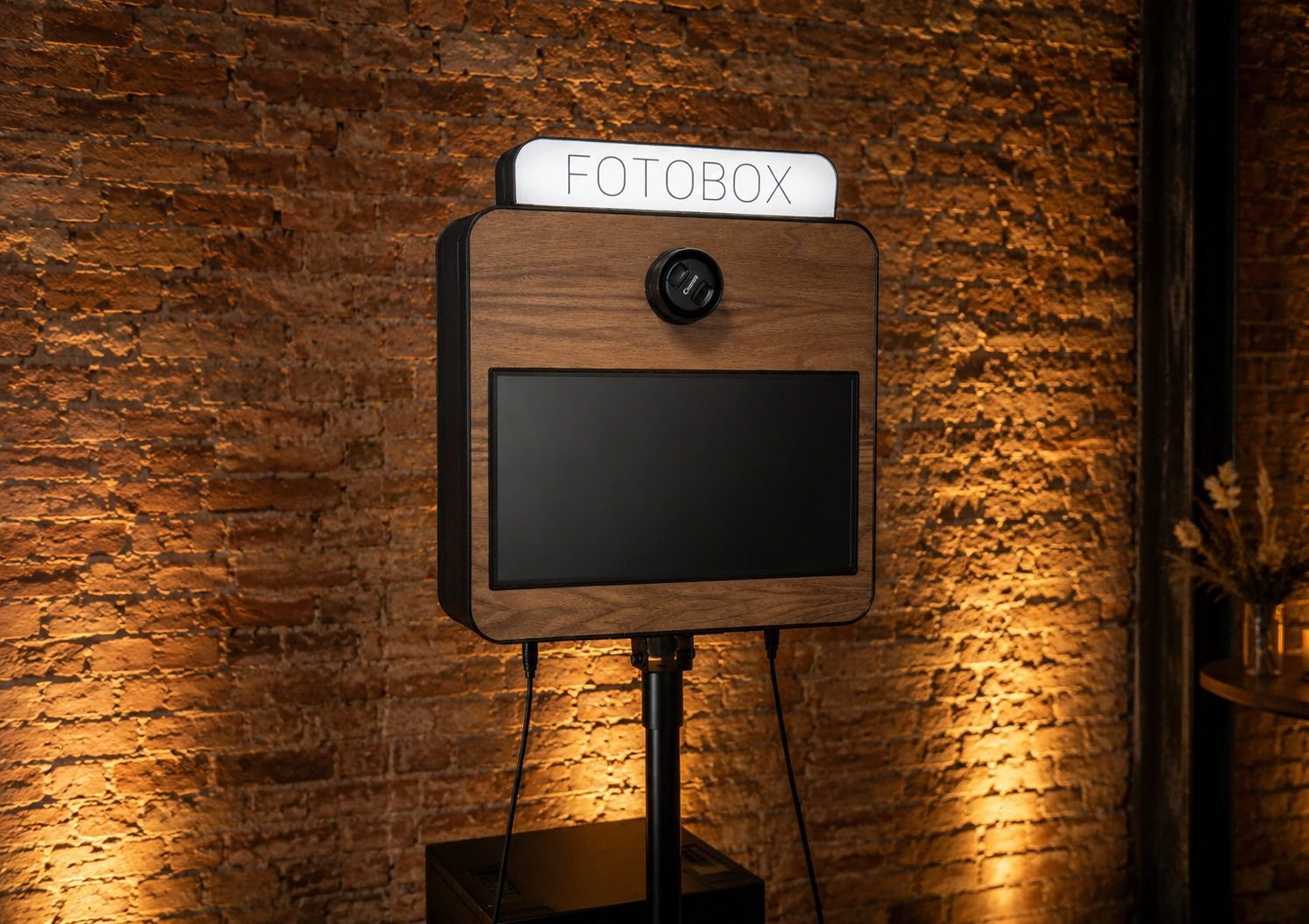 Maikoobooth Fotobox aus Dresden in Holzoptik mit beleuchtetem Schild, aufgebaut vor einer Backsteinwand