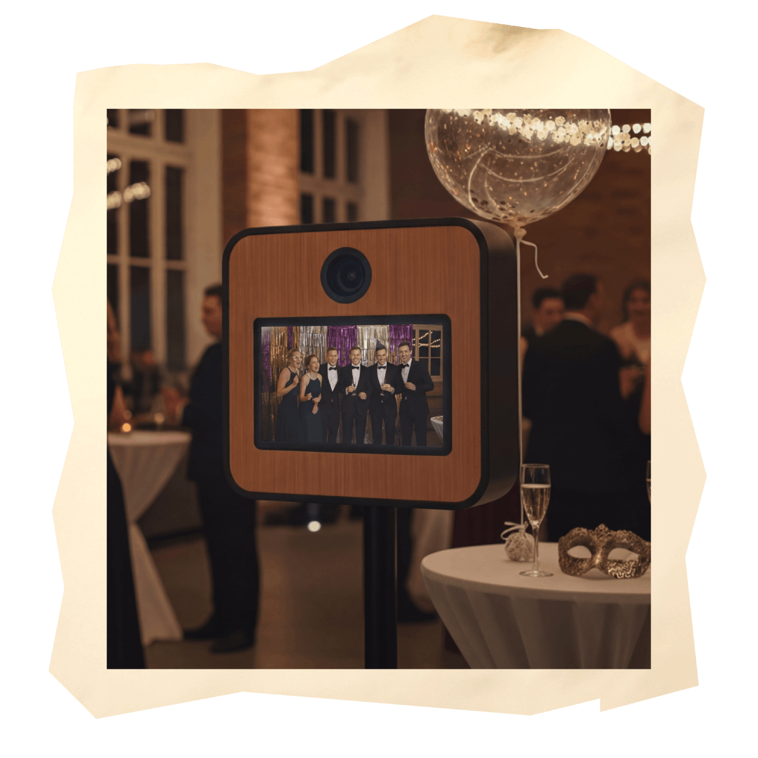 Die Fotobox in einer Eventlocation, im gestalteten Bildrahmen