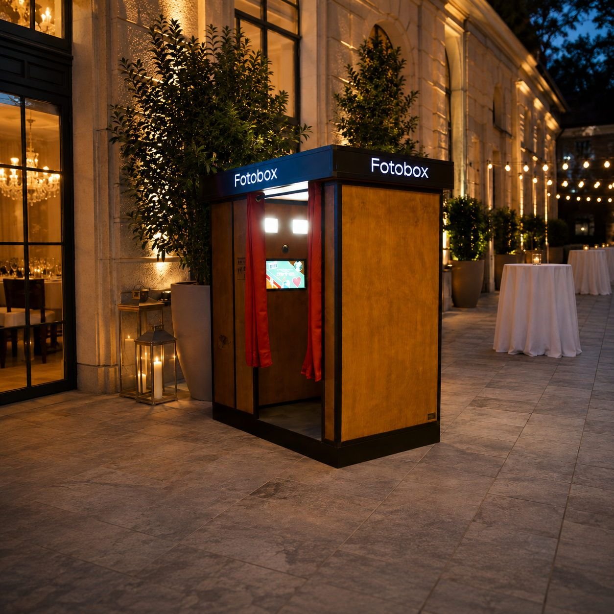 Die Maikoobooth Fotokabine mit beleuchtetem Schild und rotem Vorhang, abends vor einer Eventlocation aufgebaut